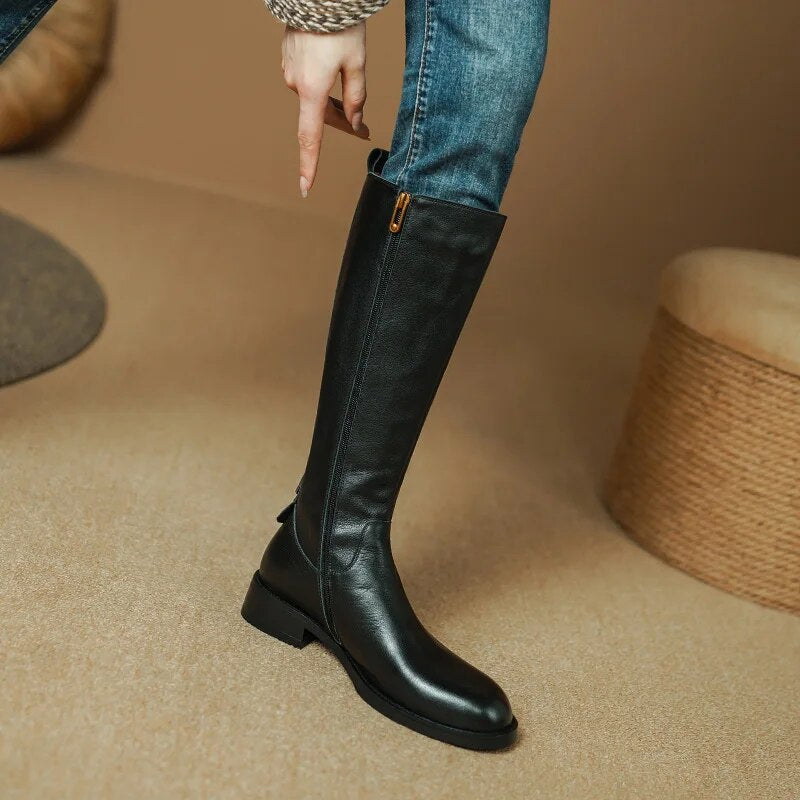 Womens Boots Genuine Leather Knee High Boots for Women Thick Heeled Autumn Winter Warm Shoes Woman High Motorcycle Boots voguable