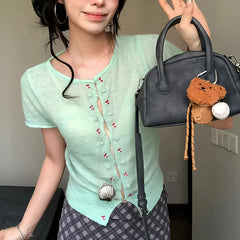 Voguable Mint Green Sheer Knit Cardigan Women Summer Thin Breathable Short Sleeve Crop Top Woman Y2K Slim Fit Hollow Out Knitted T-Shirt voguable