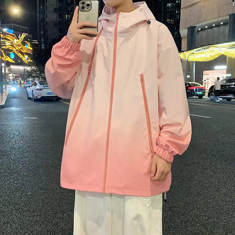 Spring Gradient Windbreaker Men's Multi Zippers Casual Climbing Hat Jacket Unisex Fashion Gorpcore Camping Fishing Coat