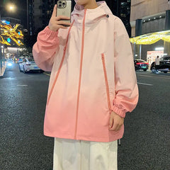 Spring Gradient Windbreaker Men's Multi Zippers Casual Climbing Hat Jacket Unisex Fashion Gorpcore Camping Fishing Coat