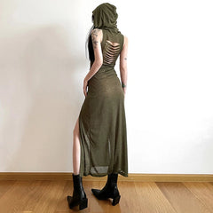 Wasteland Punk Dress y2k Women Solid Color Sleeveless Hollow Out Back Side Slit Hooded Dress 2000s Grunge Party Dresses voguable