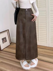 Vintage Pu Leather Split Midi Skirts Women Y2K High Waist Streetwear All Match Hip Skirt Korean Solid Casual Ladies A Line Skirt voguable