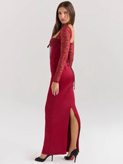 Backless Long Sleeve Sexy Maxi Dress For Women Solid Square Collar Lace-up Back Split Bodycon Club Long Dress Elegant voguable