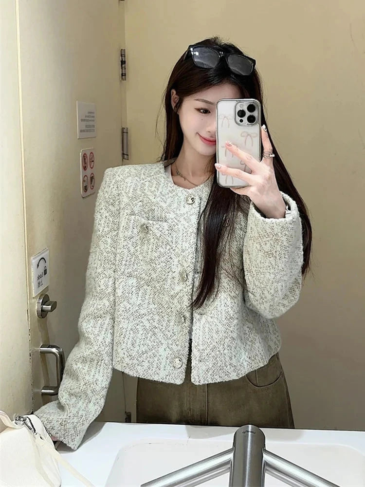 Sweet Women Slim Elegant Jacket Vintage Long Sleeve O Neck Fall Short Coat Korean Small Fragrance Single Breasted Lady Tops voguable