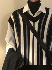 Knitted Sweaters for Men Y2k Vintage Waistcoat Man Clothes Striped Sleeveless Vest Aesthetic Black Korean Fashion Casual Cotton voguable