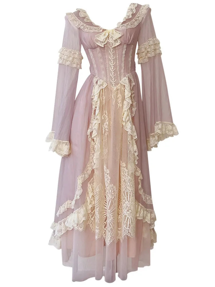 New Peter Pan Collar Women Butterfly Sleeve Dresses 2025 Spring Fashion Lace Patchwork Bow Embroidery Dress Female voguable