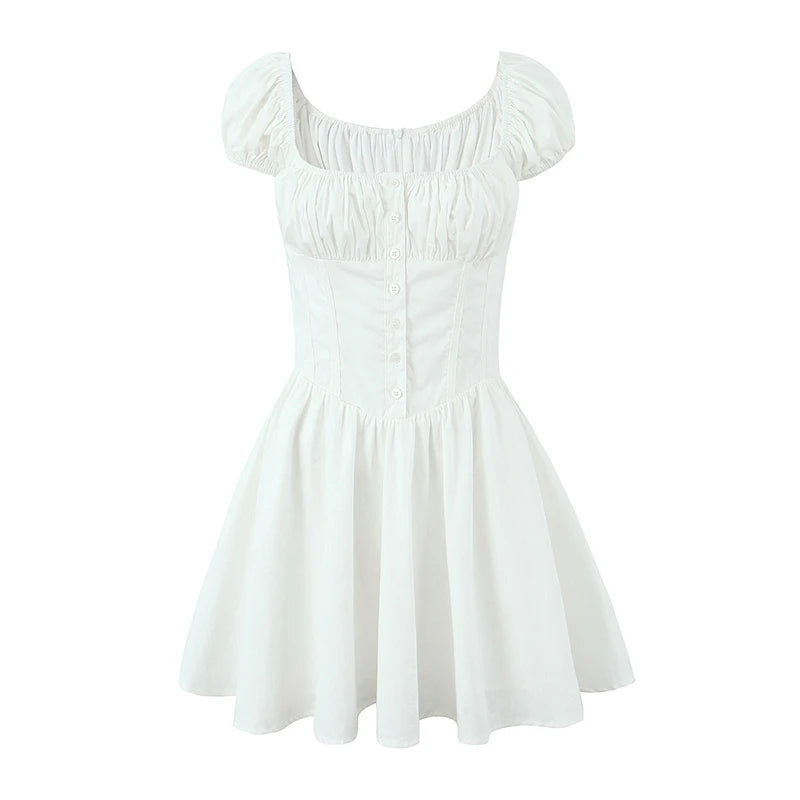 New Women Short Sleeve Square Neck Slim Cotton White Dress Ladies Low Waist Summer Mini Dresses Party Robe