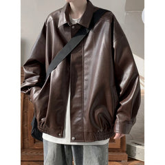 Brown Pu Leather Jacket Men and Women American Vintage Autumn High-end Casual Lapel Zipper Loose Fashion Motorcycle Jacket voguable