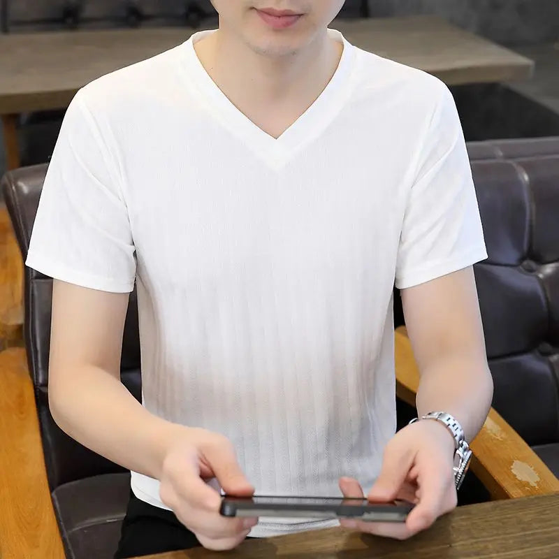 New Ice Silk Mesh Hollow V-Neck Tshirts Lightweight Leisure Breathable Stripe Solid Basic T-shirt Men Clothing Quick-dry T Shirt voguable