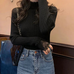 Autumn Winter New Sweaters Women Solid Mock Neck Lace Temperament Fashion Long Sleeve Slim Pullovers Bottoming Shirt Knit Tops voguable