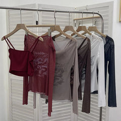 Sexy Slash Neck Mesh Sunscreen T Shirt Y2K Streetwear Print Long Sleeve Patchwork Camis Suit Fashion Folds Slim All Match Tees voguable