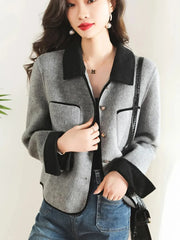 Voguable Elegant Office Lady Grey Tweed Jacket Korean Fashion Buttons Casual Coat Fall Long Sleeve Turn Down Collar Simple Outwear voguable