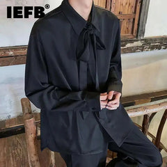 Korean Style Men's Shirts Turn-down Collar Detachable Tie Lace-up Design Single Breasted Casual Solid Color Male Tops 9W180 voguable