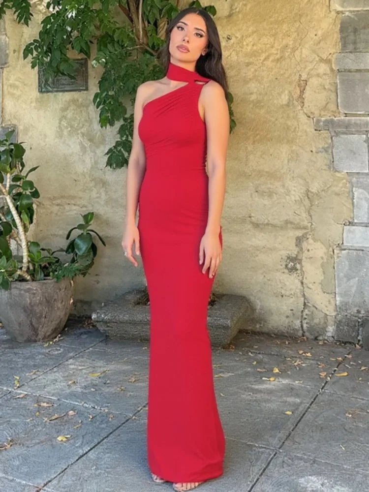 Halter Backless Sexy Maxi Dress Women Summer New Inclined Shoulder Sleeveless High Waist Bodycon Elegant Long Dress voguable