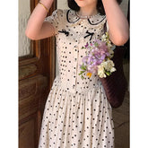 Voguable Vintage Polka Dots Midi Dress Women Kawaii Bow Lace Dresses Summer Vacation Elegant Korean Puff Short Sleeve Bodycon Vestidos voguable