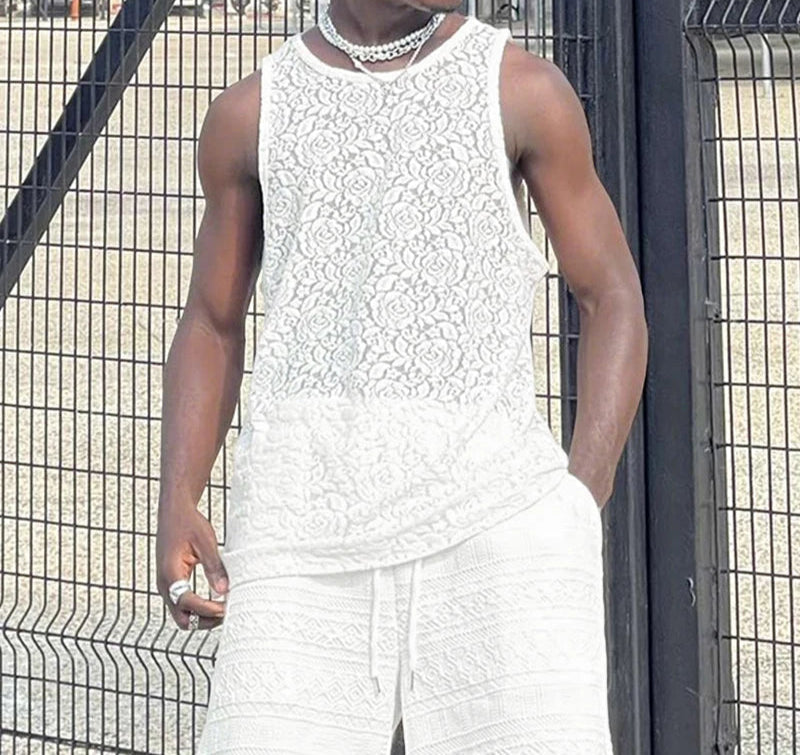 Men Tank Tops Lace Transparent O-neck Sleeveless Male Vests Streetwear Summer Sexy Fashion Men Clothing Tops S-5XL voguable