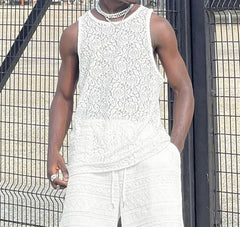 Men Tank Tops Lace Transparent O-neck Sleeveless Male Vests Streetwear Summer Sexy Fashion Men Clothing Tops S-5XL voguable