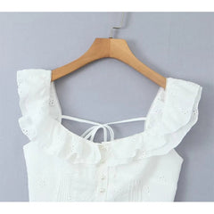 Women Hollow Out Embroidery White Tank Top Lace Trim Flying Sleeve Female Summer Crop Top Holiday voguable