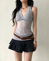 Voguable Vintage Polka Dot Halter Neck Tank Tops Woman Slim Fit Women's Sleeveless Tee Shirt Korean Popular Summer V Neck Sexy Top voguable