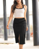 Voguable Summer New Women's Casual Style Commuting Asymmetric Collar Ribbed Top and Split Skirt Set voguable