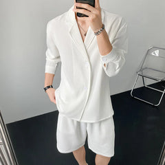 Voguable Summer Black/White Sets Men Fashion Long-sleeved Shirt Shorts Two-piece Men Korean Casual Loose Plaid Sets Mens Suit M-2XL voguable