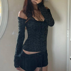 Leopard Print Black T Shirt Women Lace Patchwork Full Sleeve Tee y2k Chic Off-shoulder Cropped Top Vintage 2000s Clothing voguable