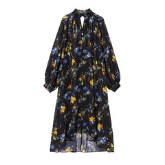 Floral Print Loose Midi Long Dresses Women Turtleneck Lantern Sleeve Boho Vestidos Spring Summer Lady Vacation Dress voguable