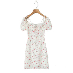 Sexy Elegant Women French Style Floral Print Dress Vintage Puff Sleeve Female Summer Holiday Party Dresses Slim Mini Robe voguable