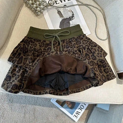 American Leopard Print Women Fluffy Skirts Y2K Summer High Waist Ruffles Mini Skirts Fashion Sweet Preppy All Match A Line Skirt voguable