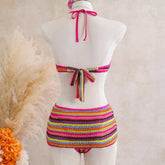 Voguable Ribbed Stripe One Piece Bathing Suit Textured Fabric Halter String Bikini Two Metal Ring Hollow Out Cross High Leg Swimsuit voguable