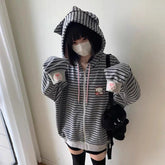Voguable Cartoon Embroidery Women Hoodies Japanese Sweet Cute Cat Ears Striped Hooded Sweatshirts Harajuku Streetwear Loose Casual Coats voguable