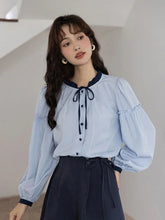 Sweet Retro Blue Blouse Women Elegant Long Sleeve Japan Shirt Fall Loose Preppy Style Ruffles Lace Up Vintage Lady Tops New voguable