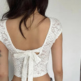 Y2K Lace Patchwork Women T Shirt French Sexy Backless Lace-Up Short Sleeve White Crop Tops Female Summer Slim Bottoming Tees voguable