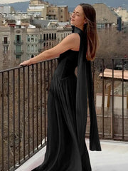 Temperament Mesh Patchwork Maxi Dress Women Solid Scarf+Sexy Backless Strapless Ruffles Midnight Banquet Party Outfits voguable