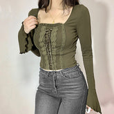 Voguable Vintage Lace Patchwork Bandage Cropped Top Green Brown Fairycore Grunge Square Collar T-shirts Y2K Tops Elegant Tops voguable