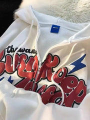 Deeptown American Retro Zip Up Graphic Hoodies Women Streetwear Loose Letter Printed Hooded Sweatshirts Hiphop Thin Top voguable