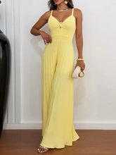 Voguable Metal decorative deep V-neck adjustable thin shoulder strap, hollowed out front placket, waistband, pleated wide leg jumpsuit voguable