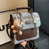Girls Vintage Hundred Handbag English Style Ladies Casual Plaid Small Backpack with Good Guy Pendant Decoration voguable