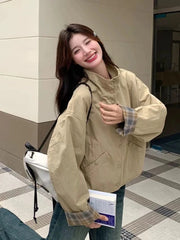 Vintage Plaid Cargo Jacket Women Retro Double Sided Wear Preppy Style Sweet Coat Korean Fall Winter Long Sleeve Pockets Top voguable