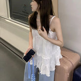 Voguable Preppy Style Short Tank for Women Summer Ruffles Design White Camisole Woman Japanese Sweet Beach Sleeveless V-Neck Tops voguable