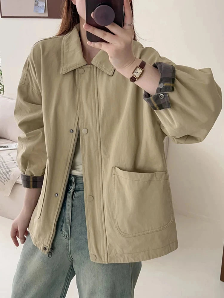 Fall Women Cargo Jacket Loose Preppy Style Long Sleeve Vintage Coat Casual Big Pockets American Retro Solid Bf Outwear Tops voguable