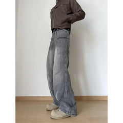 New Men's Patchwork style cargo Denim Pants Washed Male Jeans Straight Casual Men wear Loose Wide Leg Trousers Pocket design