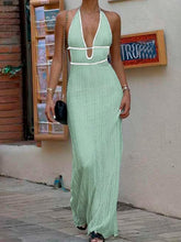 Voguable Deep V-Neck Sexy Halter Backless Knitted Dress Women Summer Fashion Hollow Out Drawstring Bandage Long Maxi Sweater Dresses voguable