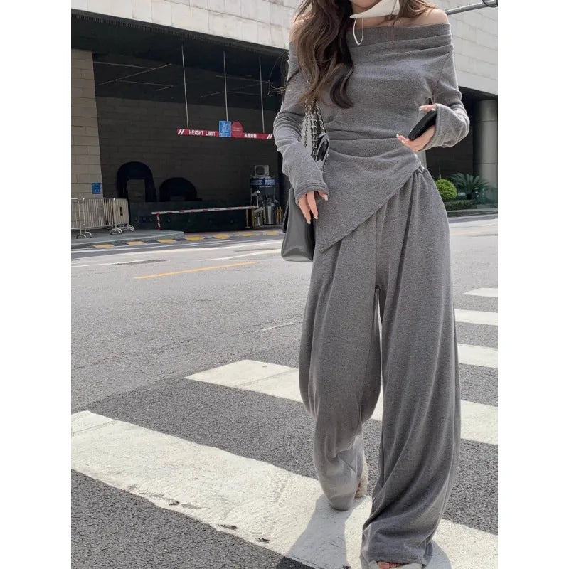 Voguable Autumn New Streetwear Sexy Backless Irregular Long-sleeved T-shirt Women + Loose Casual Wide-leg Pants Two-piece Suit voguable