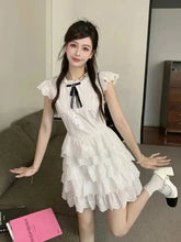Sweet Chic Bow White Dress Women Slim Fashion Flying Sleeve Cute Mini Dress Casual O Neck Female Elegant Lace A Line Dress voguable