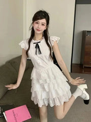 Sweet Chic Bow White Dress Women Slim Fashion Flying Sleeve Cute Mini Dress Casual O Neck Female Elegant Lace A Line Dress voguable