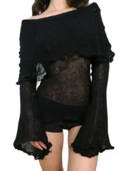 Voguable Grunge Fairycore Off Shoulders Ripped Sweaters Women Autumn Sexy Slash Neck Goth Jumper Tops Y2K Dark Academic Pullover voguable