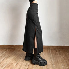 Women Midi Skirts Goth Dark Grunge Casual Tag Split Mall Gothic Punk High Raise Slim Long Skirt Y2k Sexy Fashion Streetwear voguable