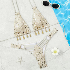 Voguable Sequin Shell Swimwear String Halter Sexy Micro Bikini Thong Set Swimsuit Women Metal Ring Bathing Suit Bikinis De Mujer voguable