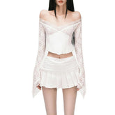 Voguable 2 Piece Outfit Set Women Coquette Clothes Lace Patchwork Off Shoulder Long Sleeve Tops and A Line Mini Skirt Streetwear voguable